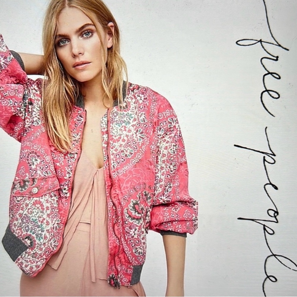 Free People Daytrip Pink and Gray Paisley Bomber Jacket Size XS Oversized - Picture 3 of 9
